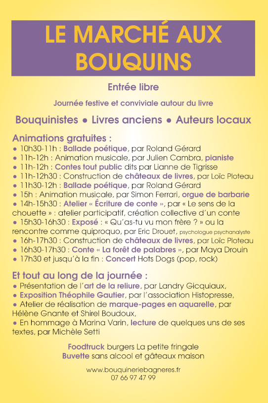verso du flyer de l'édition 2025 du marché aux bouquins organisé par la bouquinerie de Bagnères-de-Bigorre